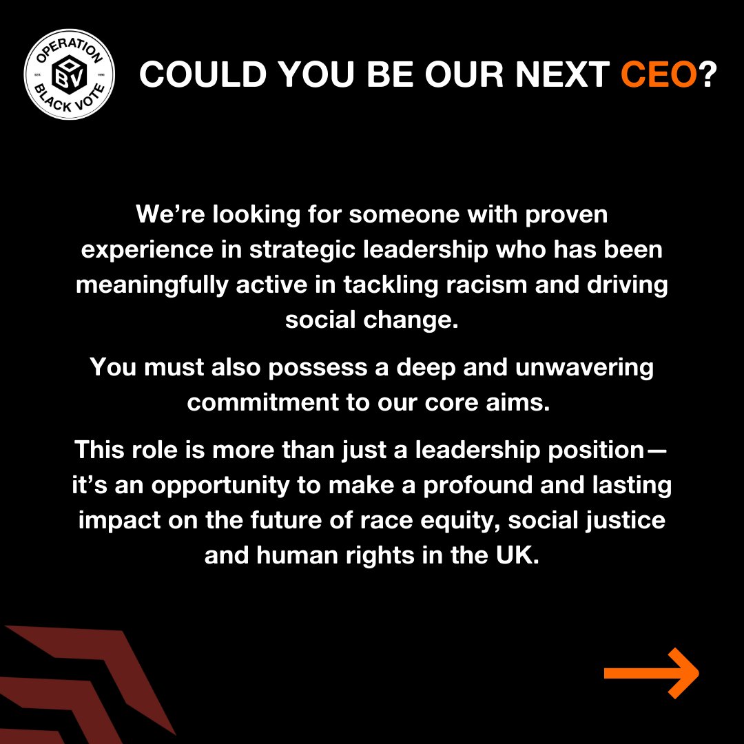Operation Black Vote (@opblackvote) on Twitter photo 🚨 We're Recruiting 🚨
Could You Be Our Next CEO? 🤔
If you are interested in this role, please email shaniya.patel@obv.org.uk to request an information pack.
Find out more about the role: l8r.it/ZYwY
#OperationBlackVote #futureleaders #bameleaders 🚨 We're Recruiting 🚨
Could You Be Our Next CEO? 🤔
If you are interested in this role, please email shaniya.patel@obv.org.uk to request an information pack.
Find out more about the role: l8r.it/ZYwY
#OperationBlackVote #futureleaders #bameleaders