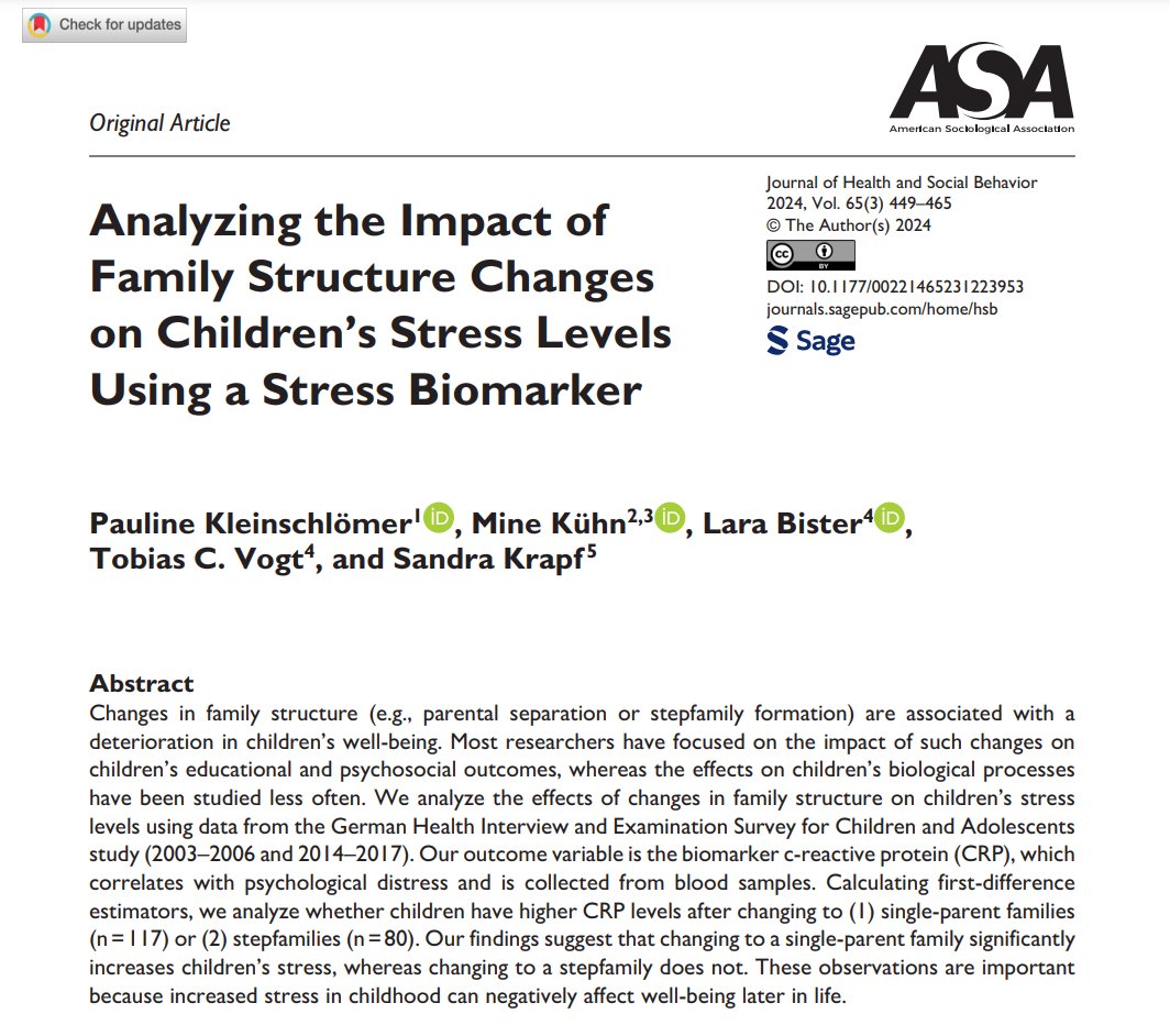 JHSB (@jofhsb) on Twitter photo Learn about the effect of family structure changes on children’s stress, in our September issue: bit.ly/3TrUMyz
By Pauline Kleinschlömer <a href="/MineKuehn/">Mine Kühn</a> <a href="/LaraBister/">Lara Bister</a> Tobias C. Vogt & Sandra Krapf
<a href="/univgroningen/">University of Groningen</a> <a href="/uni_bamberg_of/">Universität Bamberg</a> <a href="/ASAMedSoc/">ASA Medical Sociology</a>
#ChildHealthDay Learn about the effect of family structure changes on children’s stress, in our September issue: bit.ly/3TrUMyz
By Pauline Kleinschlömer <a href="/MineKuehn/">Mine Kühn</a> <a href="/LaraBister/">Lara Bister</a> Tobias C. Vogt & Sandra Krapf
<a href="/univgroningen/">University of Groningen</a> <a href="/uni_bamberg_of/">Universität Bamberg</a> <a href="/ASAMedSoc/">ASA Medical Sociology</a>
#ChildHealthDay