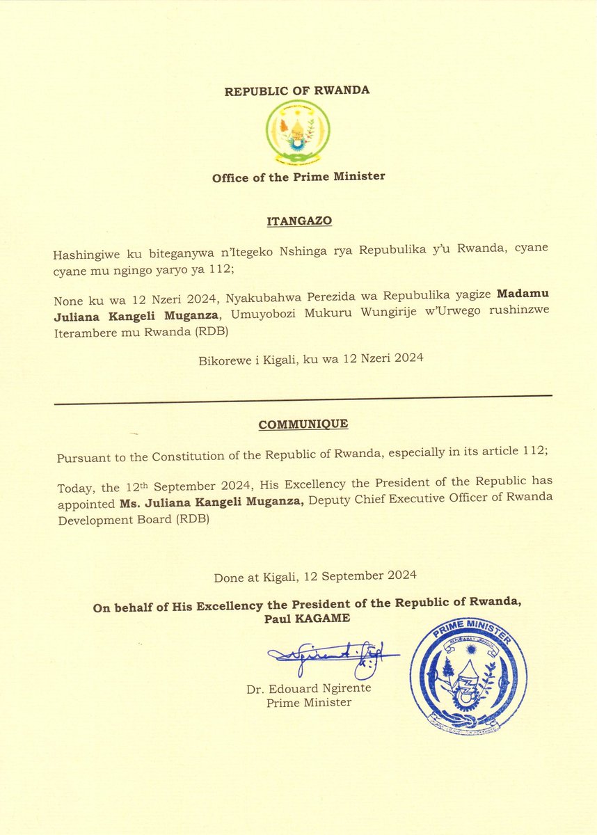 PrimatureRwanda's tweet photo. Itangazo riturutse mu Biro bya Minisitiri w'Intebe | Communiqué from the Office of the Prime Minister https://t.co/9uBYveTqvd