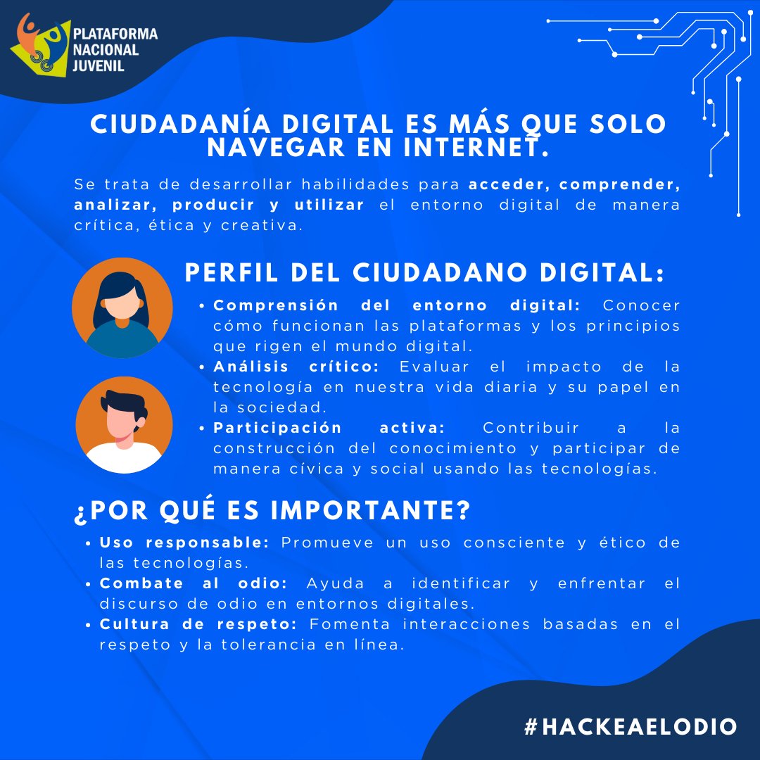 Ser un ciudadano digital va más allá de navegar en internet. 🌐 Promueve el uso responsable de la tecnología, contrarresta el discurso de odio y fomenta la cultura del respeto en línea. 

#HackeaElOdio #CiudadaníaDigital