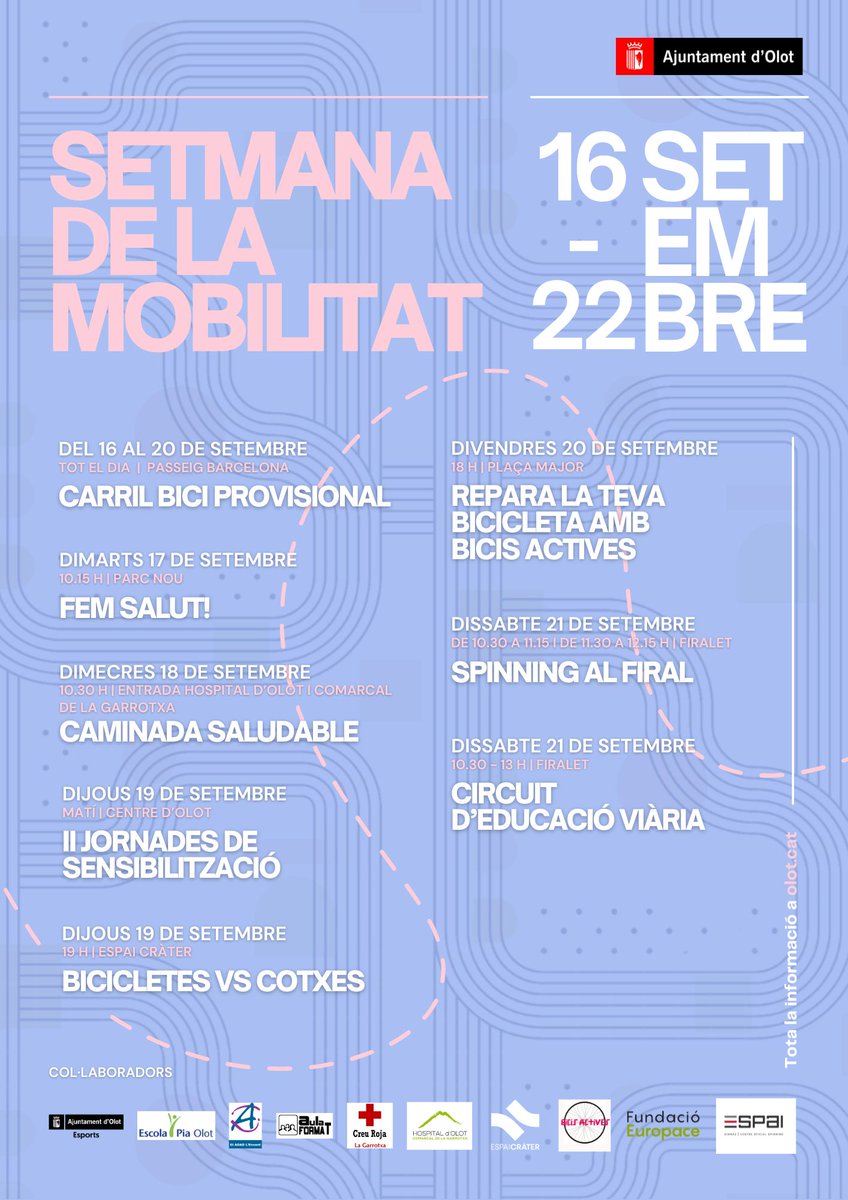 🔊♻️🚴‍♀️#Olot amb la Setmana Europea de la Mobilitat!

📲 Del 16 al 22 de setembre la ciutat acollirà activitats diverses per fomentar la #mobilitatsostenible.

ℹ️ Podeu trobar tota la info i programació aquí: olot.cat/pl217/ajuntame…  

#AjuntamentOlot #SEM2024 #MobilityWeek
