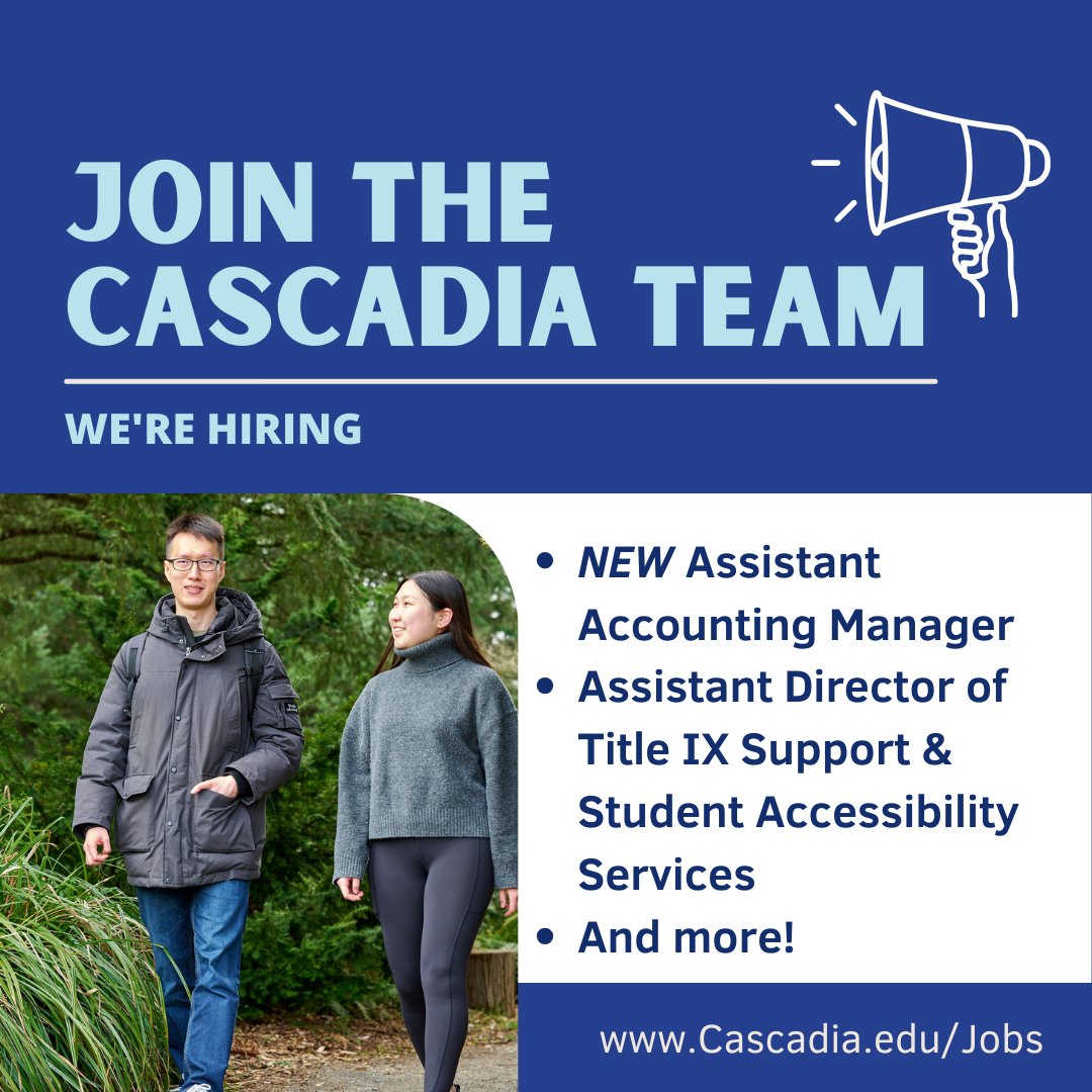 📣 We're hiring! Come join our team at Cascadia College. Open positions include: (NEW) Assistant Accounting Manager - FT, Exempt; Assistant Director of Title IX Support &amp; Student Accessibility Services - FT, Exempt; And more!⠀⠀⠀
⠀⠀⠀⠀
📝 cascadia.edu/jobs
