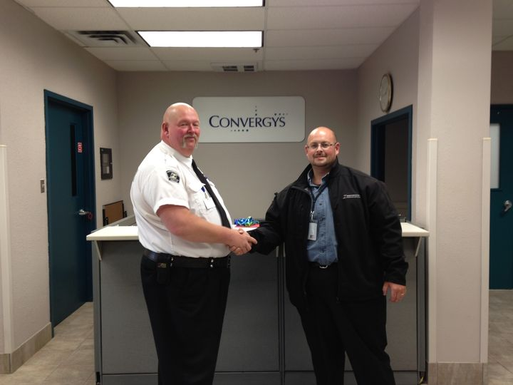 NortheasternPro's tweet photo. Northeastern provided security services for Convergys Call Centres across Canada between 2003 – 2017. In this throwback photo from 2014, Operations Manager Randy Milne (right) is seen with Security Officer George MacLean (left) at Convergys call centre in New Glasgow. https://t.co/YdvZYswrc3