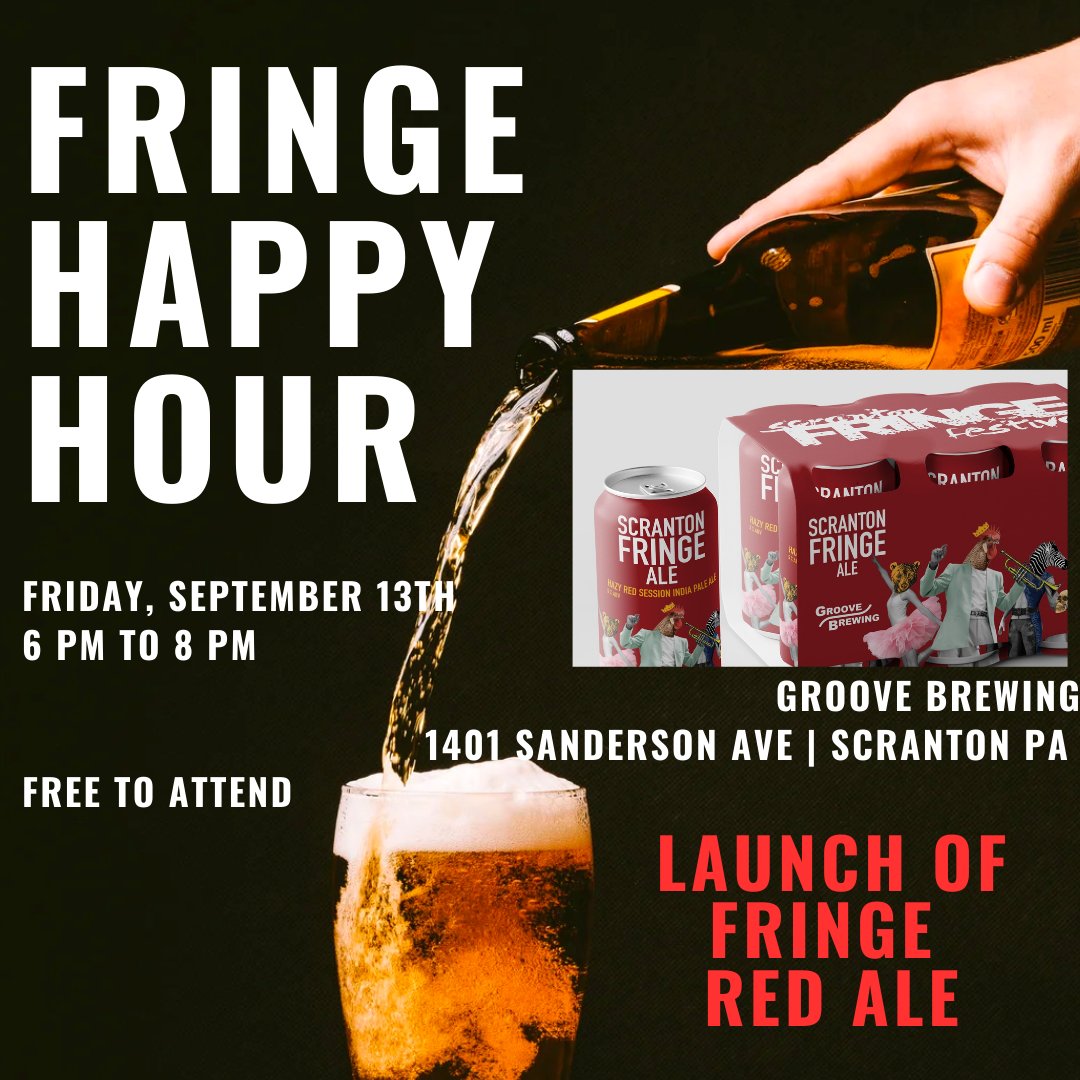 Join us tomorrow night (9/13/24) at Groove Brewing for a #ScrantonFringe happy hour + the official launch of our FRINGE RED ALE!