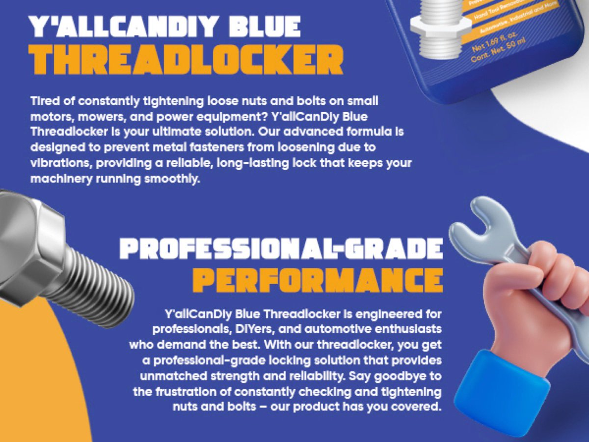 YALLCANDIY's tweet image. 🔧 Y’allCanDIY Blue Threadlocker is here to solve the frustration of loose nuts and bolts! Whether it’s small motors, mowers, or power equipment, our advanced formula keeps metal fasteners from loosening due to vibrations. 💪
#YallCanDIY #Threadlocker #BlueThreadlocker