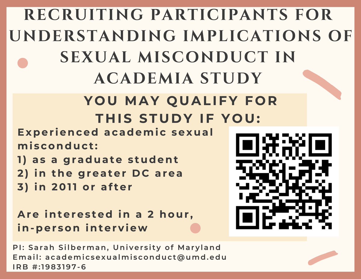 SilbermanSarah's tweet photo. Recruiting for a project on experiencing academic sexual misconduct during grad school in the DC area. Please share with your current and former academic friends! Interest form here: https://t.co/8pf5X1ZCEl

#graduateschool #dissertation  #postdoc https://t.co/wozVbQHyvD