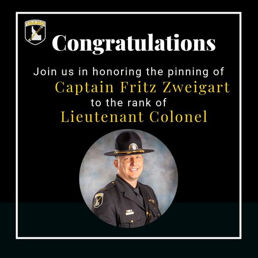 Idaho State Police Promotes Captain Fritz Zweigart to Lieutenant Colonel, Deputy Director and Chief of Operations

Read More: bit.ly/3B16utL