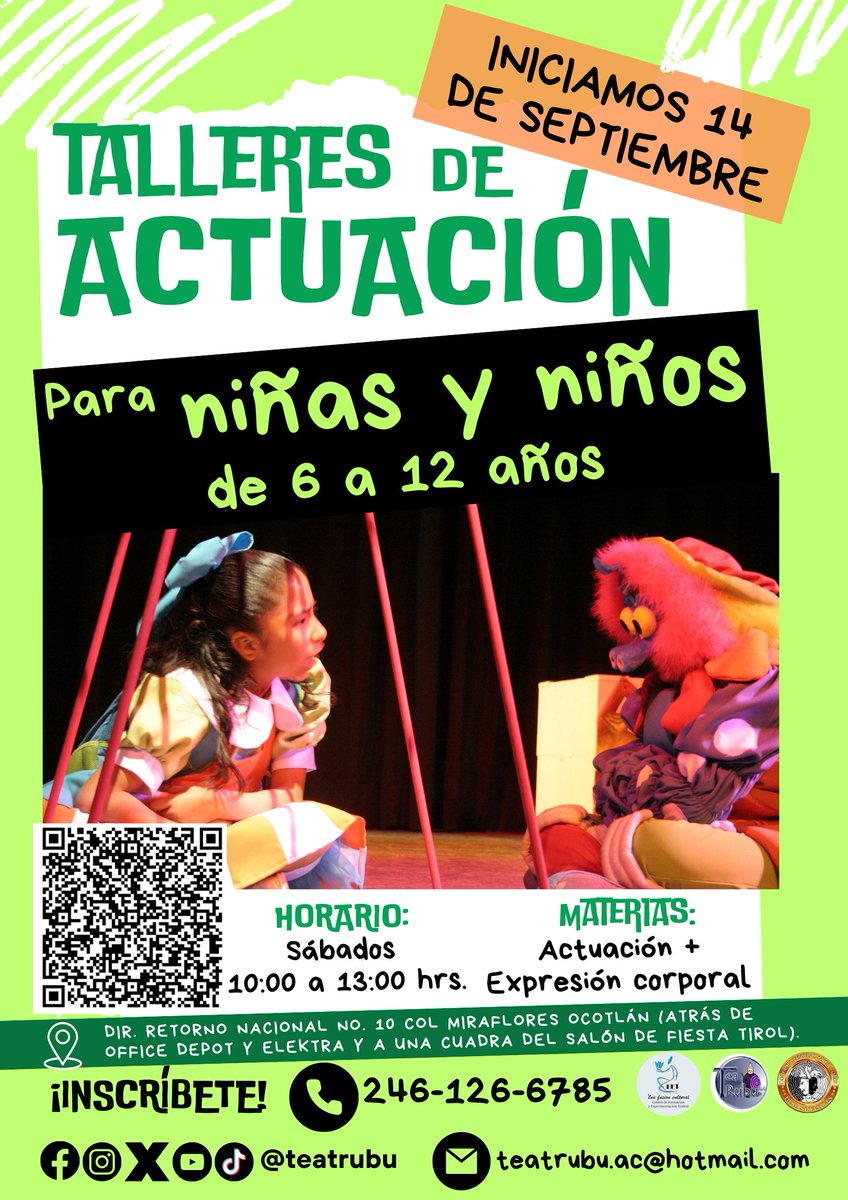 Reinician los #talleres de #actuacion del Centro de Formación y Experimentación Teatral #CFET
¡Inscríbete en los talleres para niñxs, jóvenes y adultxs!
Iniciamos el 11 y 14 de septiembre
En Dir. Retorno Nacional #10, Col. Miraflores, Ocotlán #Tlaxcala
Contáctanos al 246 126 6785