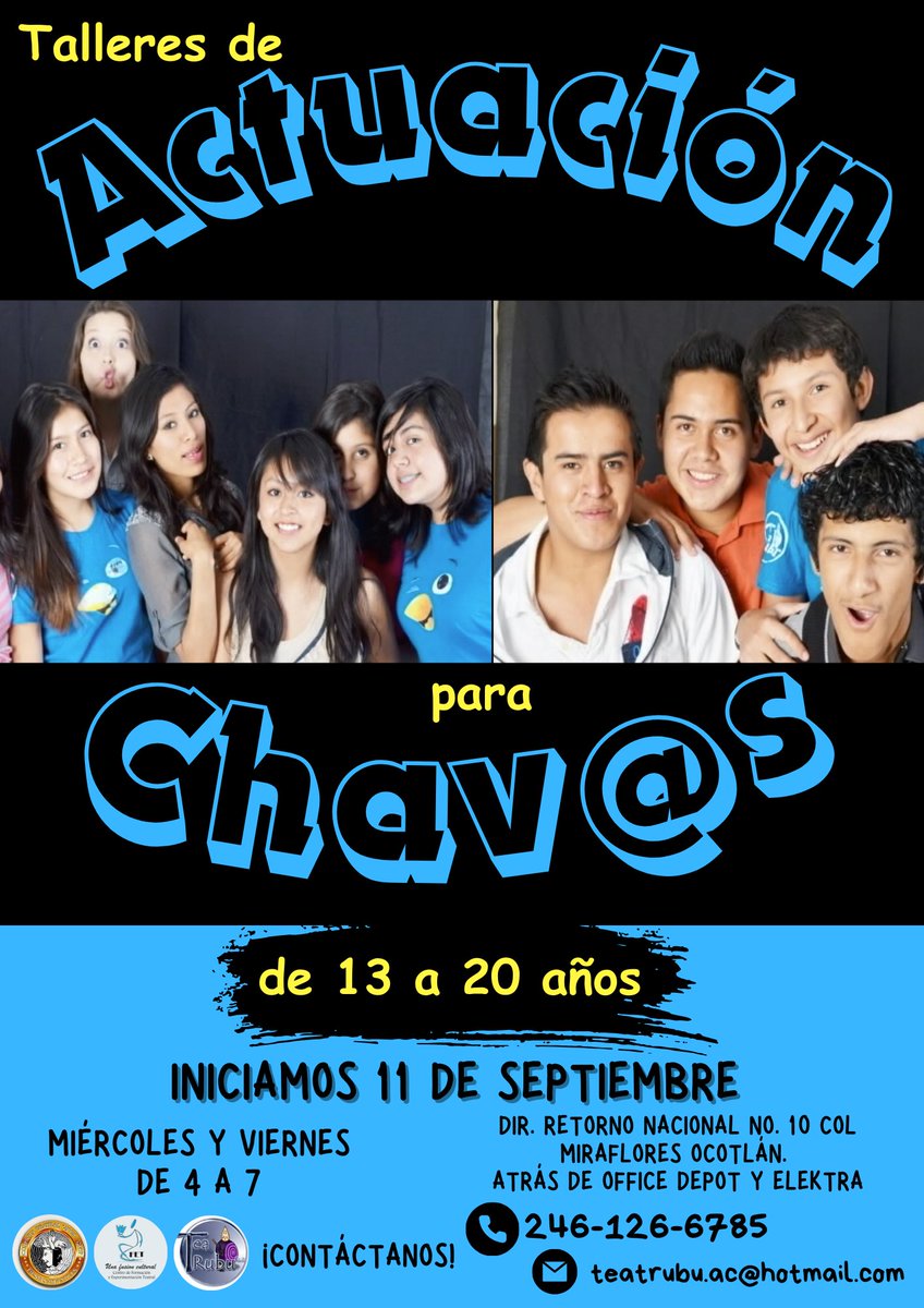 Teatrubu's tweet photo. Reinician los #talleres de #actuacion del Centro de Formación y Experimentación Teatral #CFET
¡Inscríbete en los talleres para niñxs, jóvenes y adultxs!
Iniciamos el 11 y 14 de septiembre
En Dir. Retorno Nacional #10, Col. Miraflores, Ocotlán #Tlaxcala
Contáctanos al 246 126 6785 https://t.co/JnUgSSsupR
