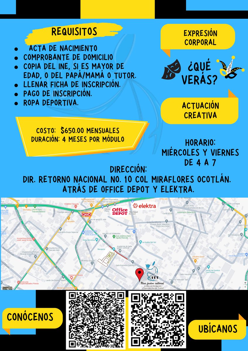 Reinician los #talleres de #actuacion del Centro de Formación y Experimentación Teatral #CFET
¡Inscríbete en los talleres para niñxs, jóvenes y adultxs!
Iniciamos el 11 y 14 de septiembre
En Dir. Retorno Nacional #10, Col. Miraflores, Ocotlán #Tlaxcala
Contáctanos al 246 126 6785