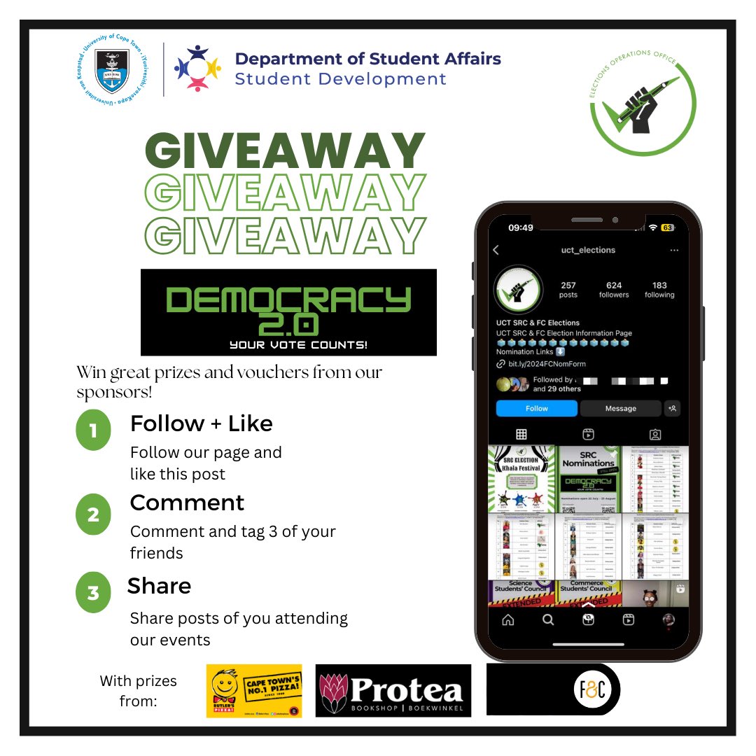 For #VoterEducationThursday today, we are announcing our GIVEAWAY ‼️ for some vouchers and goodies from our lovely sponsors. 

Check our insta for more info 🎉

#YourVoteCounts #Democracy2.0 #UCTSRC #UCTFacultyElections #SRCElectionsUCT #UCTSRC2024 #Vision2030 #UCTElections