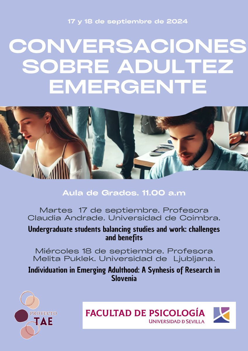 Psicología US (@psicologiaus) on Twitter photo Conferencias sobre adultez emergente en la Facultad de #Psicología de la <a href="/unisevilla/">Universidad de Sevilla</a>.
🗓️17 y 18 de septiembre a las 11:00
📍Aula de Grados
✏️Organiza <a href="/adultezemergen/">Adultez Emergente</a> Conferencias sobre adultez emergente en la Facultad de #Psicología de la <a href="/unisevilla/">Universidad de Sevilla</a>.
🗓️17 y 18 de septiembre a las 11:00
📍Aula de Grados
✏️Organiza <a href="/adultezemergen/">Adultez Emergente</a>