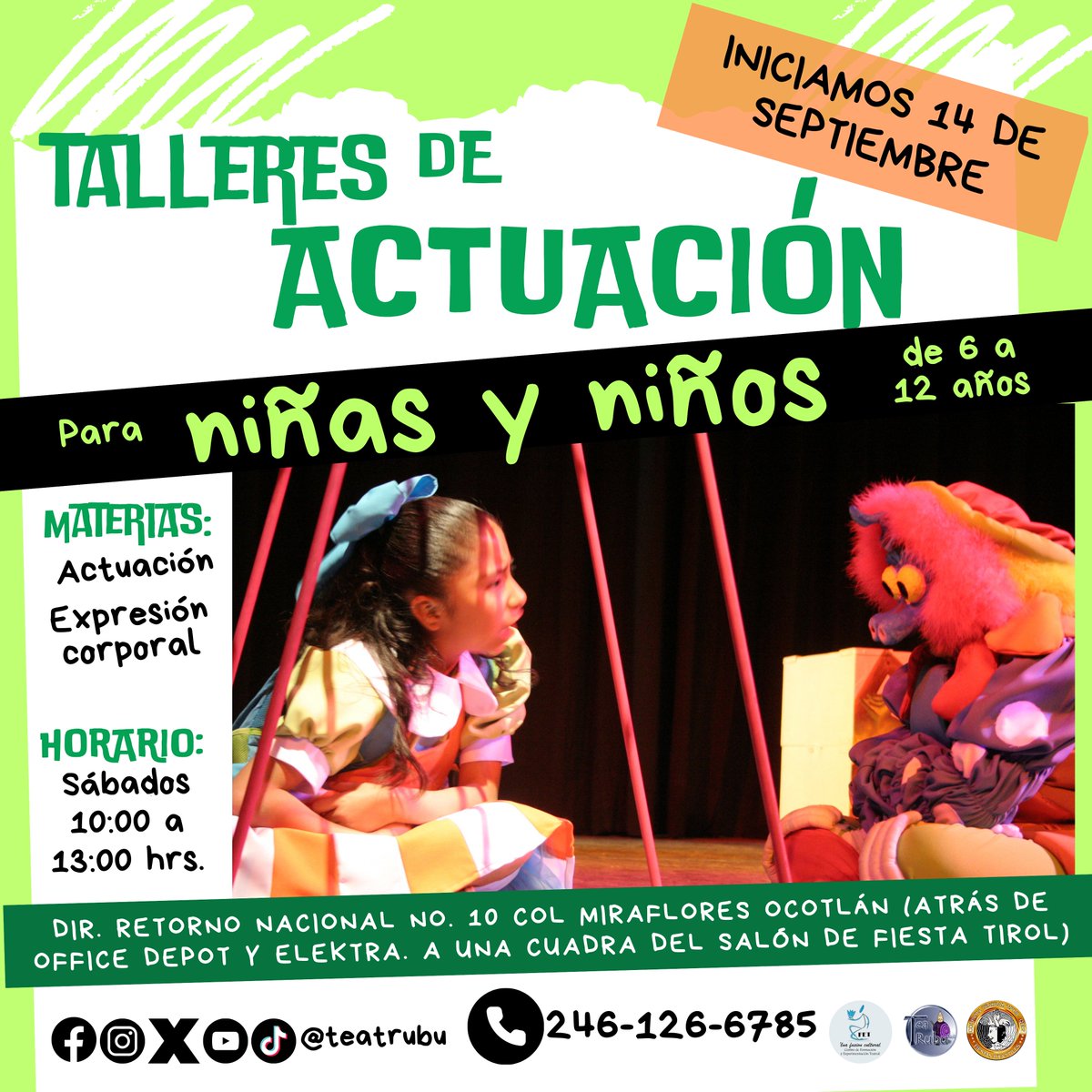 Reinician los #talleres de #actuacion del Centro de Formación y Experimentación Teatral #CFET
¡Inscríbete en los talleres para niñxs, jóvenes y adultxs!
Iniciamos el 11 y 14 de septiembre
En Dir. Retorno Nacional #10, Col. Miraflores, Ocotlán #Tlaxcala
Contáctanos al 246 126 6785