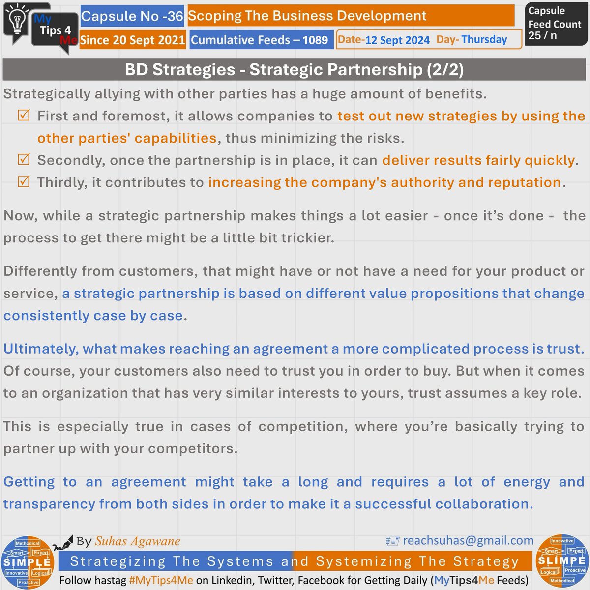 SuhasAgawane's tweet photo. BD Strategies - Strategic Partnership (2/2)
#Thursday Feed 1089 (25/n) From Morning Yo Tips For Managerial Excellence #MyTips4Me capsule - 36 'Scoping The Business Development'

#Leadership #Startup #Management #System #Passion #Entrepreneur #Sales #Marketing #Businessdevelopment https://t.co/t2TaIMUY8R