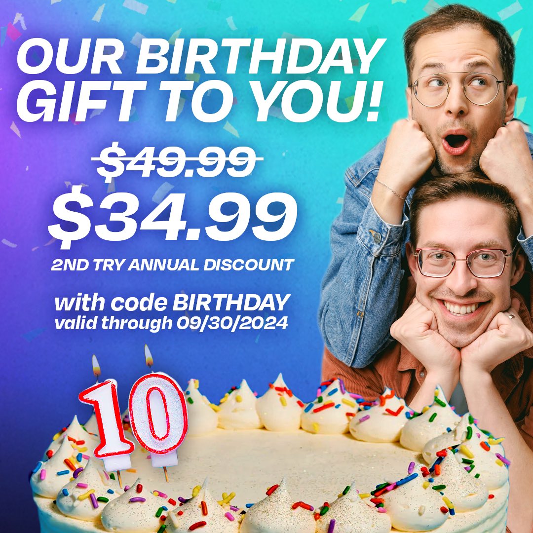 It’s our birthday!🥳 🎂 As a gift to you for being with us for the past 10 Years enjoy our biggest discount for 2nd try since launch!🙂‍↕️🩵

More anniversary shenanigans to come VERY soon….👀