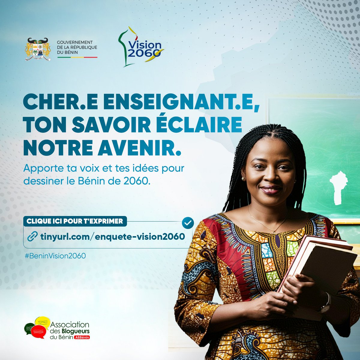 Laurelbenin's tweet photo. Enseignants du Bénin, votre savoir est notre lumière pour l'avenir ! Contribuez à la Vision 2060 et aidez à modeler le Bénin de demain. Participez ici ➡️ https://t.co/9cZVNusE70… 
#BeninVision2060
#Vision2060
@gouvbenin https://t.co/4OrThHjbxZ