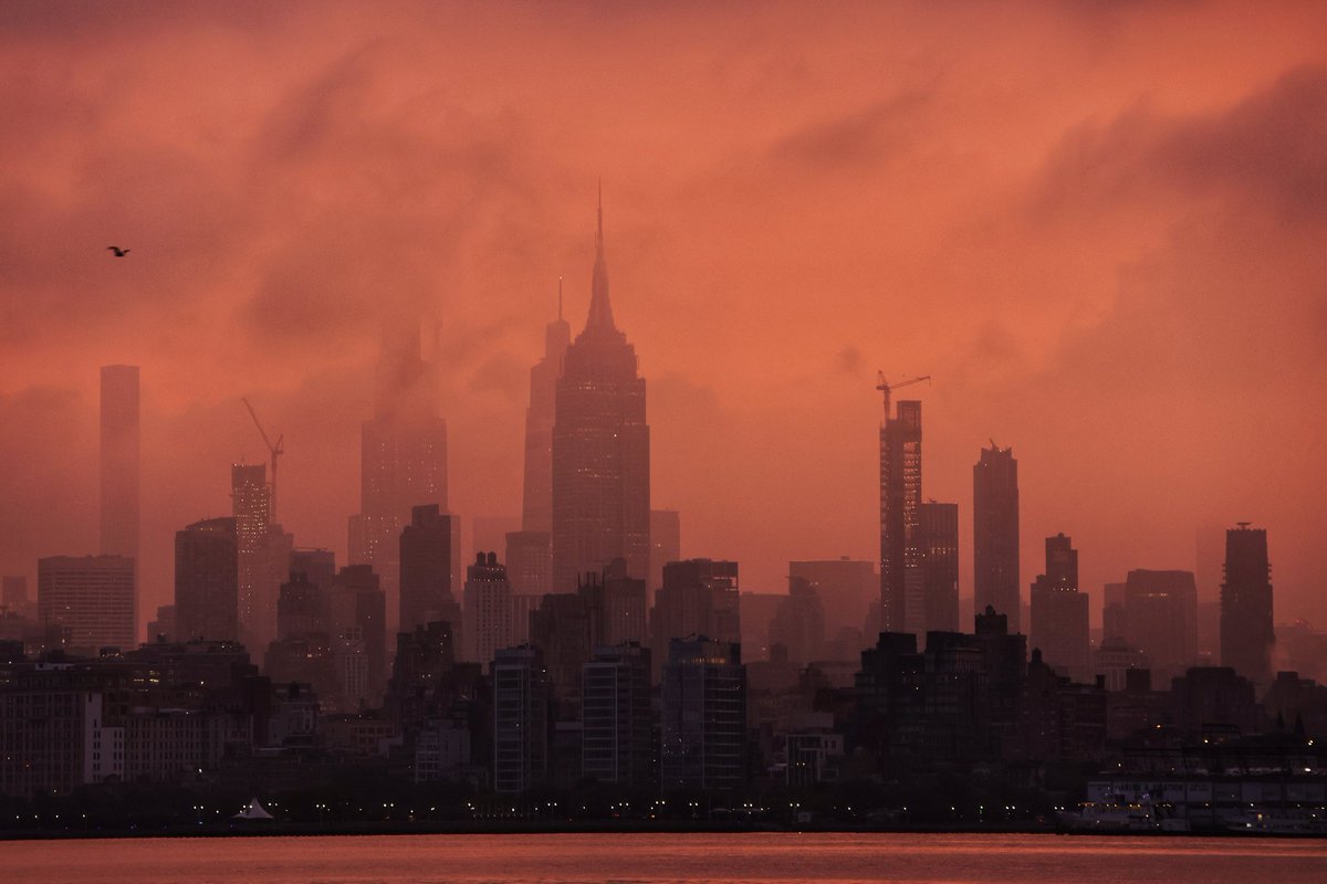 GaryHershorn's tweet photo. New York City bathed in a strange orange light as the sun rises through fog behind the Empire State Building, Thursday morning #newyorkcity #nyc #newyork @empirestatebldg #sunrise #fog https://t.co/HjV9gUhxsI