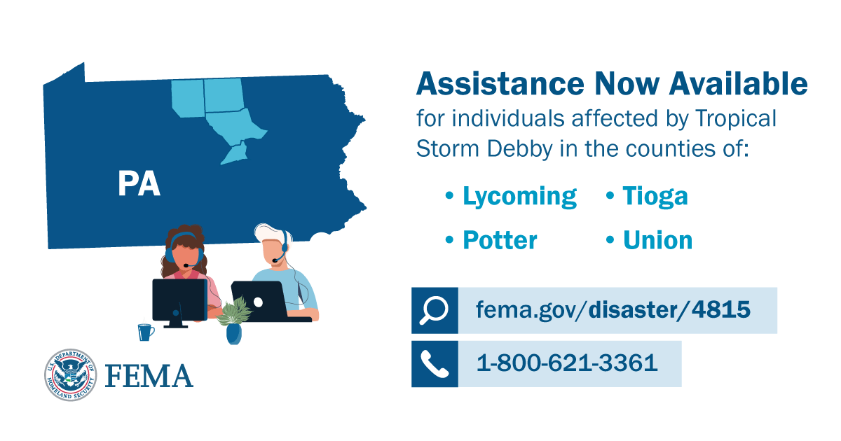 FEMAregion3's tweet photo. Lycoming, Potter, Tioga, Union County residents: FEMA assistance is now available for those affected by Tropical Storm Debby. Apply by visiting https://t.co/zXyBEgGJhV, on the FEMA mobile app, or by calling 1-800-621-3361. More information is available at: https://t.co/qpSpWmioTe https://t.co/iBRJ3F5s7a