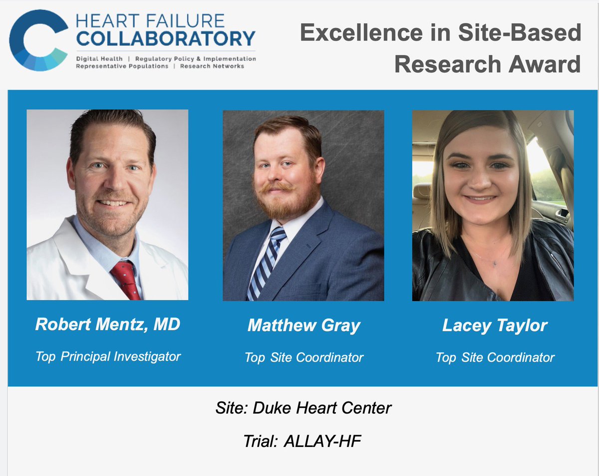 hfcollaboratory's tweet image. We’d like to start announcing winners of our newest award, “Excellence in SBR” for sites, PIs, &amp;amp; SCs who consistently demonstrate excellence in their work and received a previous SBR awards

🏅Congrats to the @DukeHeartCenter team: @robmentz @jamesmattgray &amp;amp; Lacey Taylor!