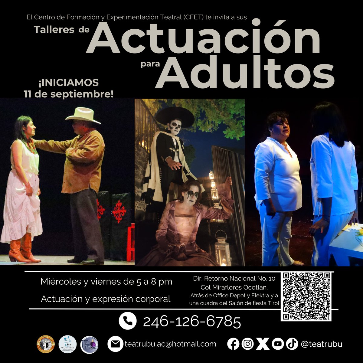 Reinician los #talleres de #actuacion del Centro de Formación y Experimentación Teatral #CFET
¡Inscríbete en los talleres para niñxs, jóvenes y adultxs!
Iniciamos el 11 y 14 de septiembre
En Dir. Retorno Nacional #10, Col. Miraflores, Ocotlán #Tlaxcala
Contáctanos al 246 126 6785