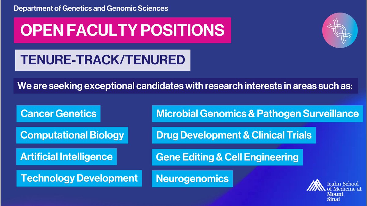 Mount Sinai Genetics (@sinaigenetics) on Twitter photo Applications are now open for #facultypositions w/
<a href="/SinaiGenetics/">Mount Sinai Genetics</a>. Join a world-class department ranking #2 nationally in genetics research funding🌟Learn more: mountsinaigeneticscareers.org/faculty-tenure… #openfacultypositions #academicpositions #geneticsresearch #academicjobs #academictwitter Applications are now open for #facultypositions w/
<a href="/SinaiGenetics/">Mount Sinai Genetics</a>. Join a world-class department ranking #2 nationally in genetics research funding🌟Learn more: mountsinaigeneticscareers.org/faculty-tenure… #openfacultypositions #academicpositions #geneticsresearch #academicjobs #academictwitter