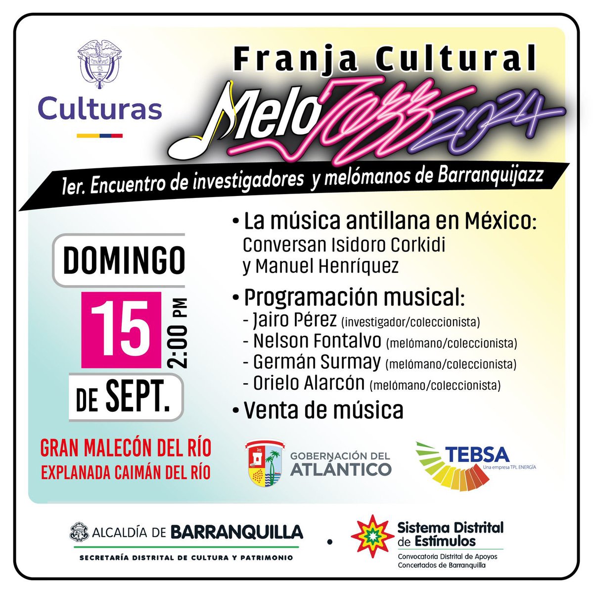 ¡Agéndate con #MeloJazz! 🎹🙌🏻

Asiste al primer encuentro de investigadores y melómanos de #Barranquijazz 🎷

Evento apoyado por: 

👉🏻 <a href="/mincultura/">MinCultura Colombia</a> 
👉🏻@alcaldiabarranquilla @barranquillacpt 
👉🏻@gobatlantico