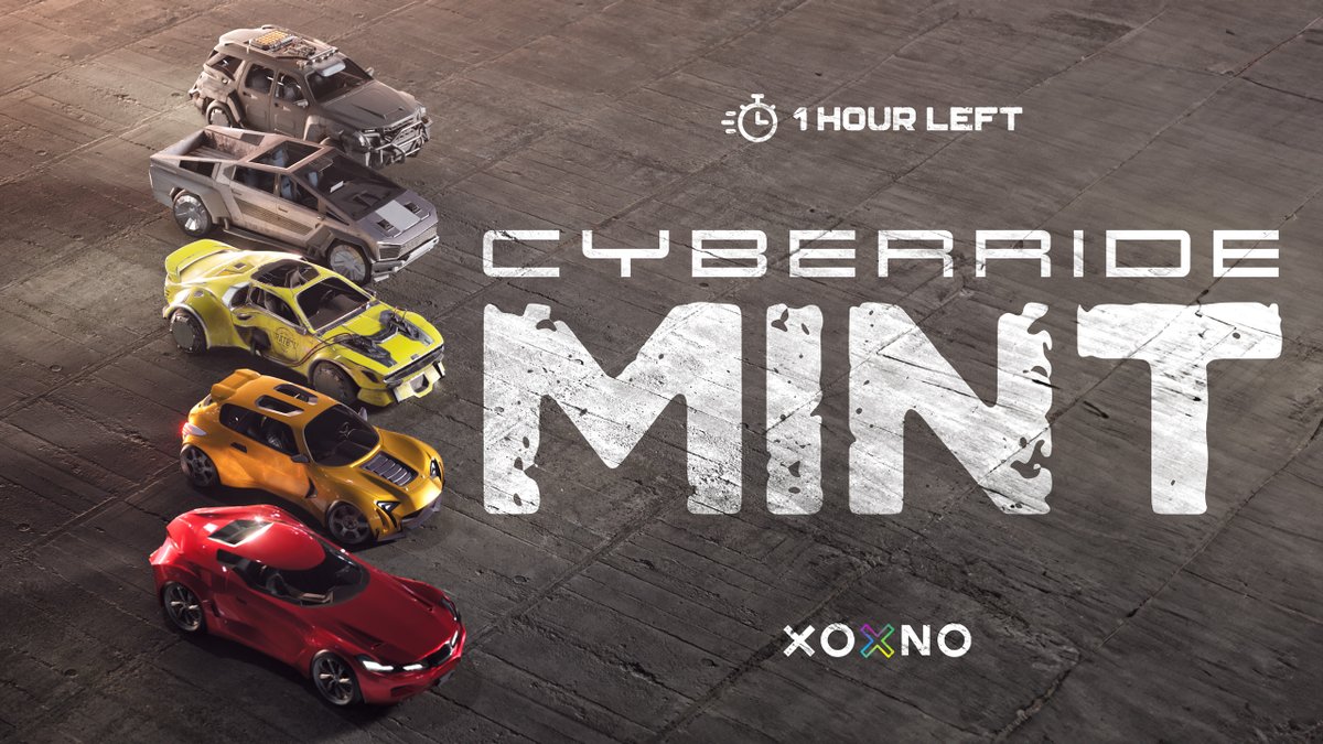 THE COUNTDOWN IS ON! ⏰

In just 1 hour, the CyberRide NFT mint begins! 3400 exclusive vehicles, 5 rarities, 4 unique types – all for 500 $CYBER per mint. Don't miss out! 🚗💨

🔗 xoxno.com/collection/CYB…

Mint starts at 6 PM UTC on <a href="/XoxnoNetwork/">XOXNO Network</a> 🔥

$EGLD #MultiversX #NFTGaming
