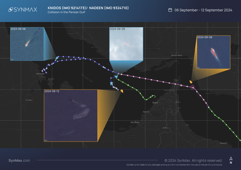 SynMaxInt's tweet photo. At 21:20 UTC on Sept 8, cargo vessels #KNIDOS & #NADEEN collided in the #PersianGulf.
The NADEEN was #AIS dark, #spoofing her location in the #GulfofOman at the time.
The KNIDOS now drifts abandoned, leaking #oil and at risk of #sinking.
#MaritimeSafety #AIS https://t.co/OcUPB4NEDD