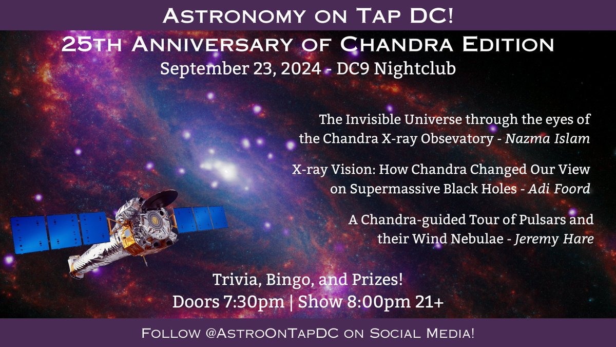 Announcing the talk line-up for #AstroOnTapDC on September 23rd! Join us to hear about the invisible Universe through <a href="/chandraxray/">Chandra Observatory</a>'s eyes and what Chandra has taught us about black holes and pulsars.
RSVP at eventbrite for a free ticket: eventbrite.com/e/astronomy-on…