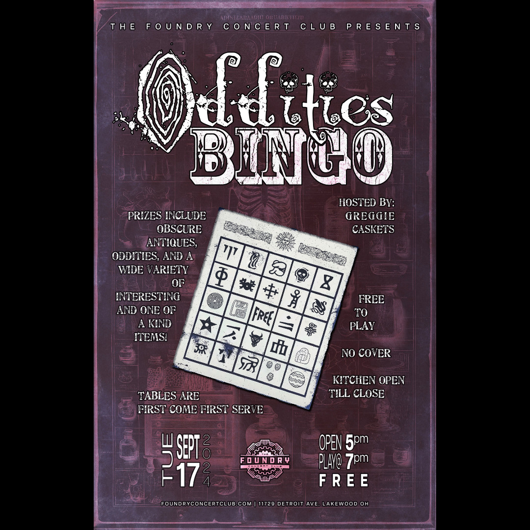 FoundryCLE's tweet photo. 👀 Have you heard? 👀 You guys loved Oddities Bingo so much last month, we're bringing it back THIS TUESDAY! No cover, and we've got some REALLY cool prizes on deck. See ya there! https://t.co/uEHTpLPBL7