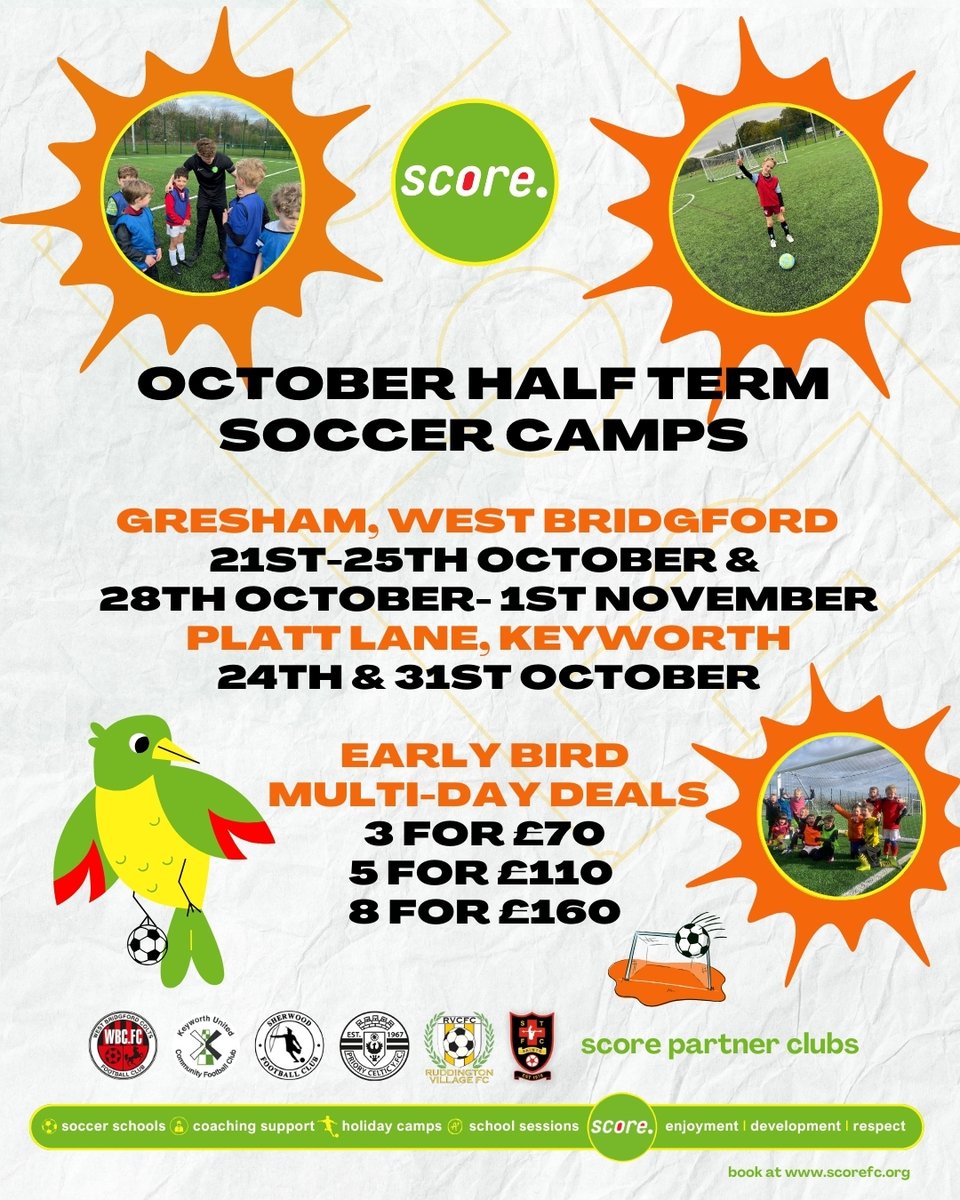 We're taking bookings for Score October Half Term Camps. In 2024, we've sold out over 75% of our days - booking now means your young player is guaranteed a place with their mates at Score! Our Early Bird Bulk Buys give you the perfect chance to save! 

uk.bookingbug.com/home/41231-Sco…