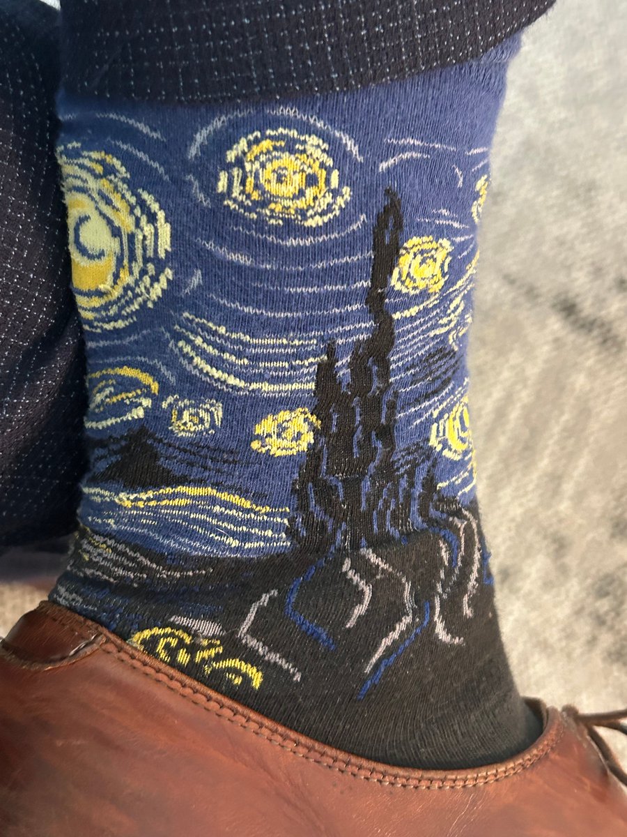 EricZollinger2's tweet photo. The first of today’s Design Day Thursday showcases one of the most recognizable pieces of Art in the world, Vincent Van Gogh’s “A Starry Night.”  I am wearing my Starry Night socks in support!  

#designdaythursday #livewhoyouare #art #MOMA #nyc #nycart #astarrynight #vangogh https://t.co/52eq7gYi0I