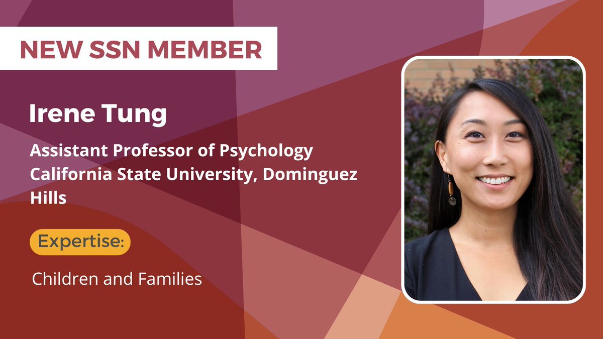 Scholars Strategy Network (bsky: @scholars.org) (@ssnscholars) on Twitter photo We are excited to welcome <a href="/IreTung/">Irene Tung</a> of <a href="/DominguezHills/">CSU Dominguez Hills</a> to the network! Her research focuses on the impact of early stress exposure on mental health development across generations.
Learn more in her member profile: buff.ly/3AQPoP2 We are excited to welcome <a href="/IreTung/">Irene Tung</a> of <a href="/DominguezHills/">CSU Dominguez Hills</a> to the network! Her research focuses on the impact of early stress exposure on mental health development across generations.
Learn more in her member profile: buff.ly/3AQPoP2