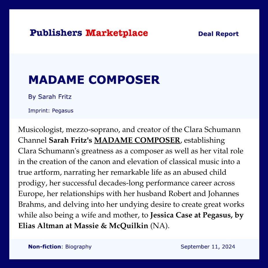 ***BOOK DEAL ANNOUNCEMENT!!!***

It’s official—I’m writing a biography of Clara Schumann titled MADAME COMPOSER.