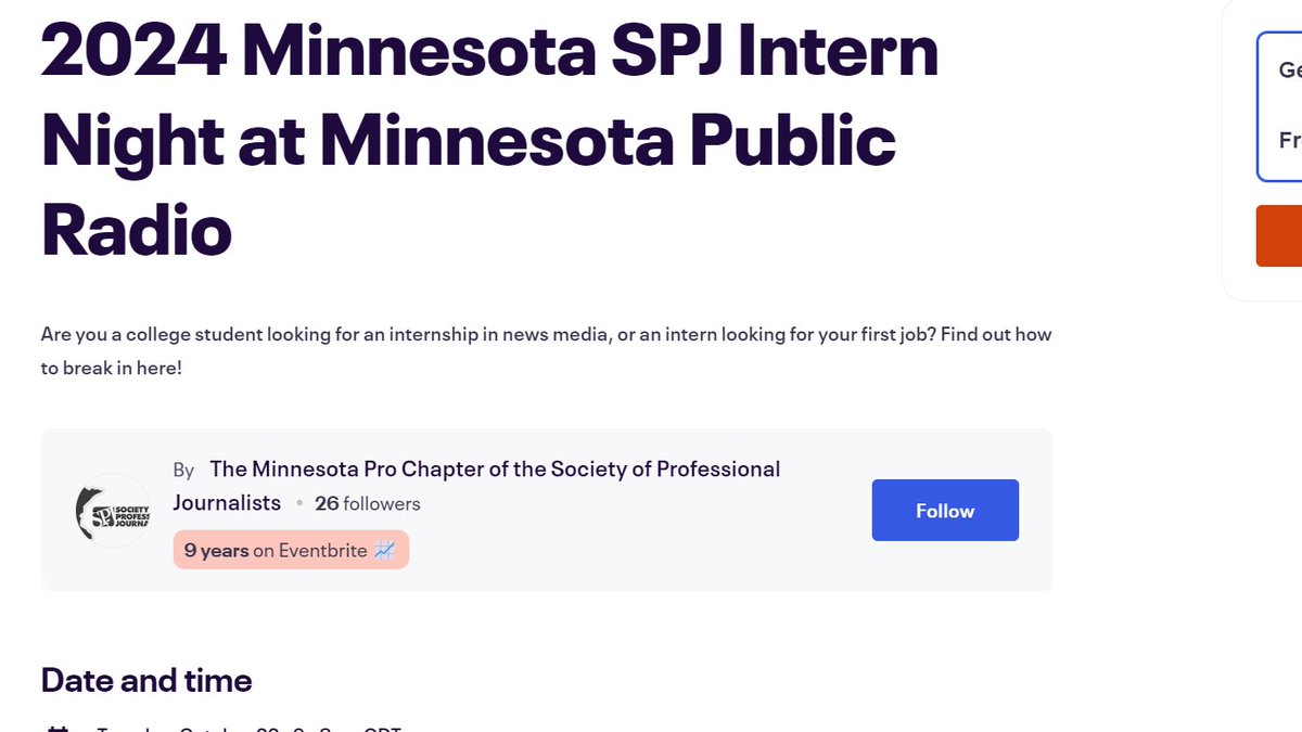 College students! Meet the following 15 editors, hiring managers, reporters and other news media professionals during @MNSPJ Intern Night at <a href="/onmprnews/">On MPR News</a>, the intern networking event of 2024! This October -- digital ticket required! (Yes, they're free!) eventbrite.com/e/2024-minneso…