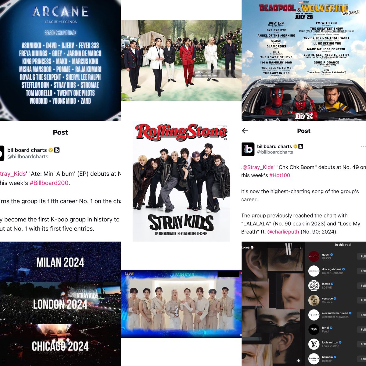 hjsmjs_'s tweet photo. Stray Kids 2024 

𖤐 The first and only Kpop Group attend to Met Gala  
𖤐 The first and only Asian artist for RollingStone UK cover 
𖤐 The first artist in history to debut 5 albums consecutive on #1 Billboard 200 
𖤐 Chk Chk Boom debut #49 Billboard Hot 100 (still the only 4th gen bg here)  
𖤐 Release the ost for Marvel Deadpool & Wolverine ; Arcane series ; Japanese Drama ; Tower Of God anime 
𖤐 Headline the 3 major festivals ( Lollapalooza, I-Days and BST Hyde Park ) 
𖤐 the avengers of 8 luxury brands for W Korea cover
𖤐 The only artist to receive fourth star award on TMA