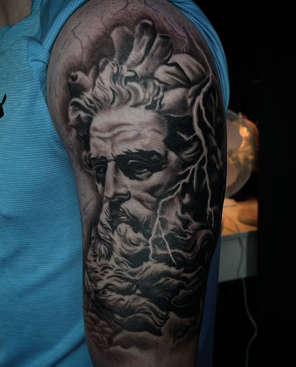 Brandonktattoos's tweet photo. Got to start this cool sleeve today for Aiden still need to add some clouding and more lightening bolts but a good start! https://t.co/khjdUApU1R