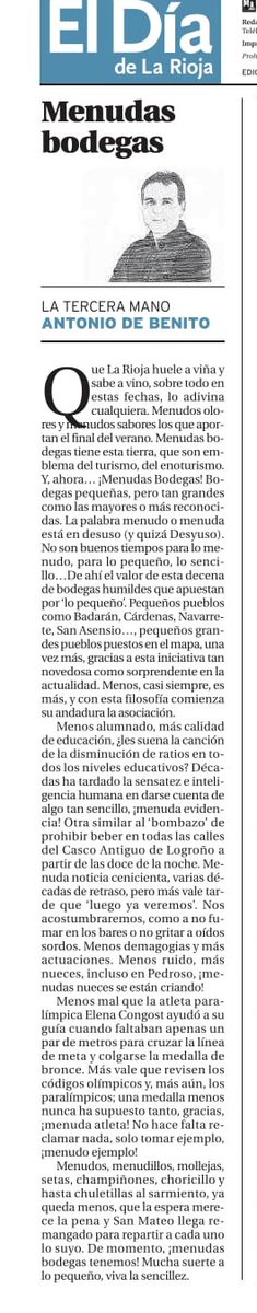 Menudas bodegas. Hoy, la tercera mano en El Día de La Rioja. El valor de lo pequeño y sencillo
eldiadelarioja.promecal.es/Publicacion/10…