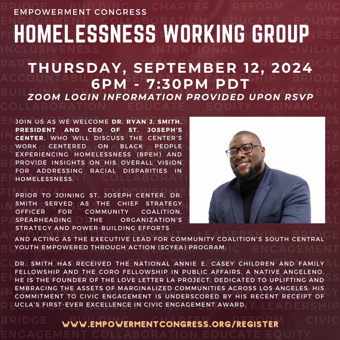 Today at 6pm PT, our President and CEO, Dr. Ryan Smith, will present at the Empowerment Congress Homeless Working Group Mtg. on St. Joseph Center’s work centered on addressing racial disparities in homelessness. 

RSVP for link:
empowermentcongress.org/event/homeless…