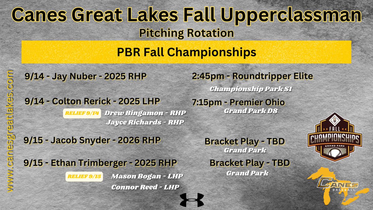 CanesGLfallscoutteam (@canesglscouteam) on Twitter photo This weekend we return to <a href="/GrandParkSports/">Grand Park Sports Campus</a> for one of the top events in the country with the <a href="/PBRTournaments/">Prep Baseball Tournaments</a> <a href="/PrepBaseballIN/">Prep Baseball Indiana</a> Fall Championships.
Check out our pitching lineup ⬇️ and come and check out our guys! This weekend we return to <a href="/GrandParkSports/">Grand Park Sports Campus</a> for one of the top events in the country with the <a href="/PBRTournaments/">Prep Baseball Tournaments</a> <a href="/PrepBaseballIN/">Prep Baseball Indiana</a> Fall Championships.
Check out our pitching lineup ⬇️ and come and check out our guys!
