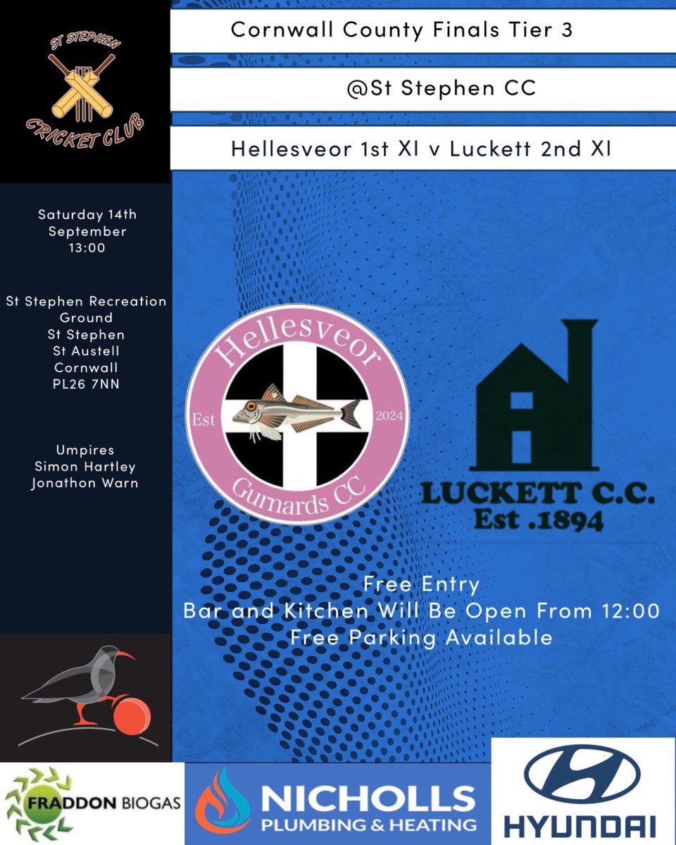 On Saturday we host the Division 6 County final Hellesveor 1st XI v Luckett 2nd XI  

<a href="/cornwall_league/">Cornwall Cricket League</a> 
<a href="/swsportsnews/">South West Sports News</a>