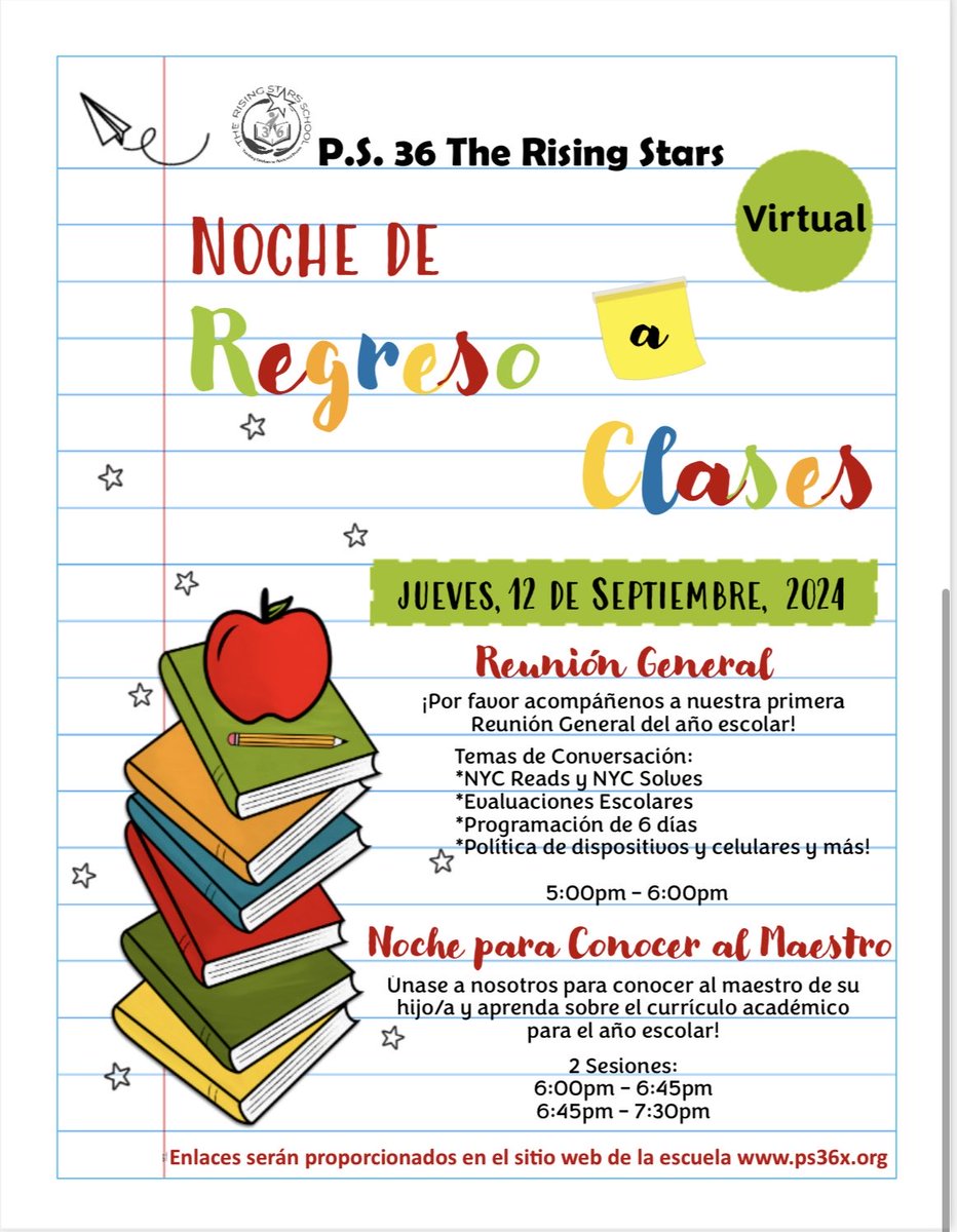 Please join us today for our Back to School Night!!! Town Hall Meeting <a href="/5/">Reserved</a>:00pm, followed by Meet the Teacher Night  from 6:00 - 7:30pm.
Links will be provided at the school’s website ps36x.org
We hope to see you there!!