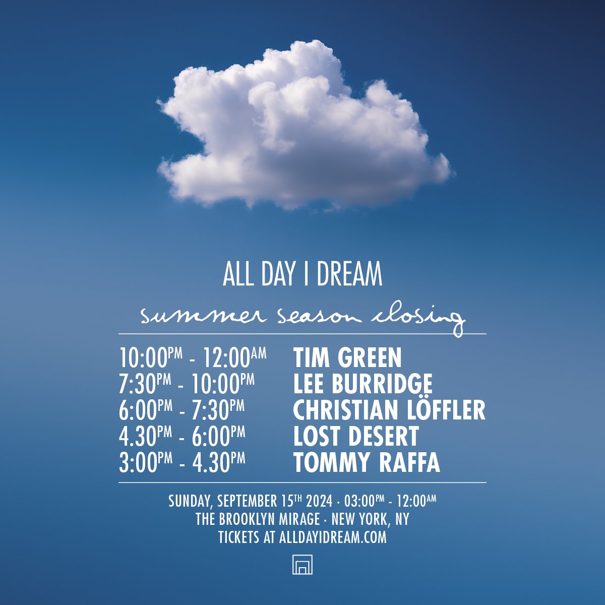 Closing out Sunday at <a href="/AllDayIDreamOf/">All Day I Dream</a> in NYC 💙
Final tix: link.dice.fm/k8f1ba36dae6