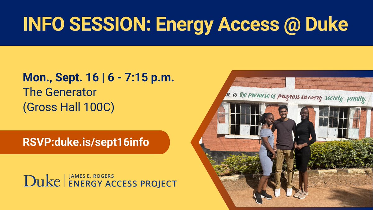 📢Duke Students, Staff &amp; Faculty! 🌟 Interested in energy access? 🌏💡Hear from students about their summer internship in energy access projects &amp; learn how YOU can get involved!
📅Sept 16, 6-7:15 PM
📍The Generator (Gross Hall 100C)
RSVP ➡️ duke.is/Sept16info