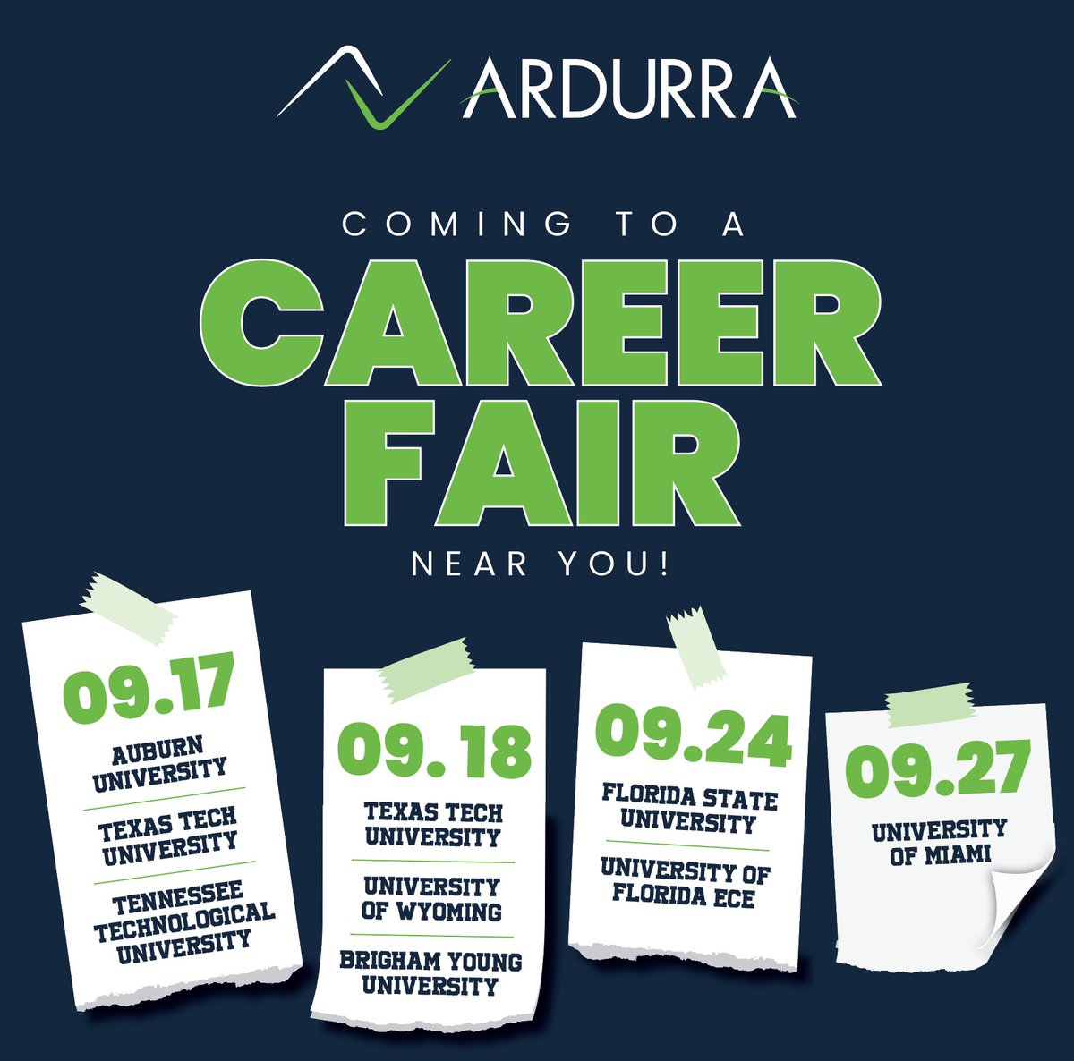 Ardurra is hitting the road this fall! 

We’re excited to connect with students and alumni at several career fairs across the country in the upcoming weeks. 

#CareerFair #EngineeringCareers #ArdurraCareers #TeamArdurra #STEM