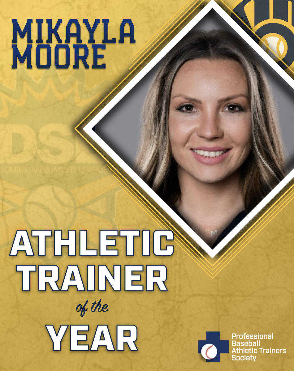 BrewersPD's tweet photo. Join us in congratulating two of our Athletic Trainers who were awarded the 2024 PBATS Minor League Athletic Trainer of the Year award👏👏

Jeff Paxson — International League (9x winner‼️)
Mikayla Moore — Dominican Summer League

#ThisIsMyCrew https://t.co/qJm5Rus3kn