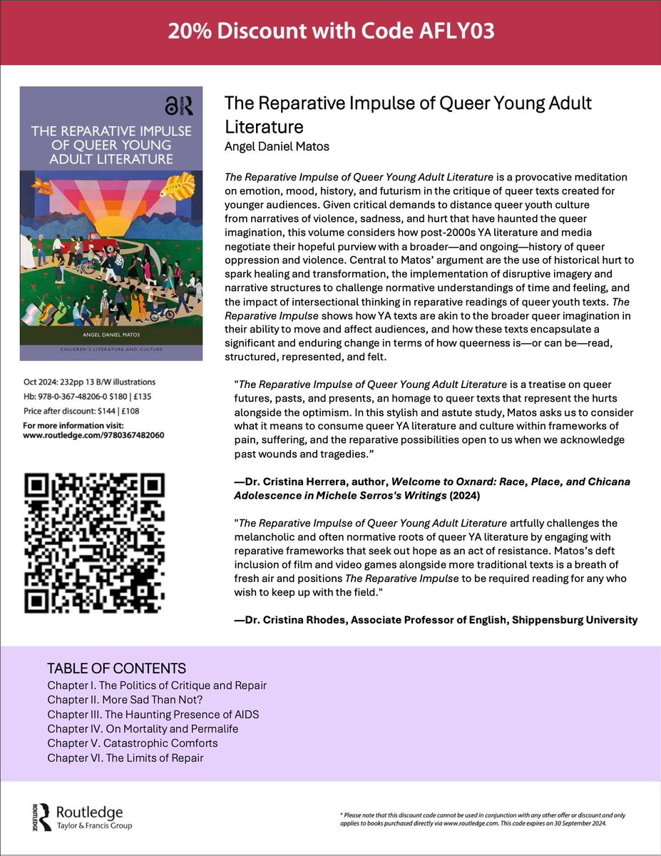 ProfAngelMatos's tweet image. My book, The Reparative Impulse of Queer Young Adult Literature, is now available for pre-sale! Please let your your libraries know about this, and remember that the volume will be open source and freely available online on October 1. So excited for my book to be out soon!