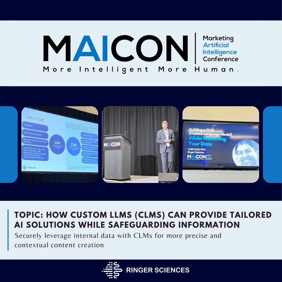 #ICYMI Our CEO, Yash Gad, just spoke at #MAICON2024 about the future of AI with custom large language models and the innovative and secure custom chatbots we’re developing for our clients!  #CustomLLM #CLMs #Chatbots #DataPrivacy
