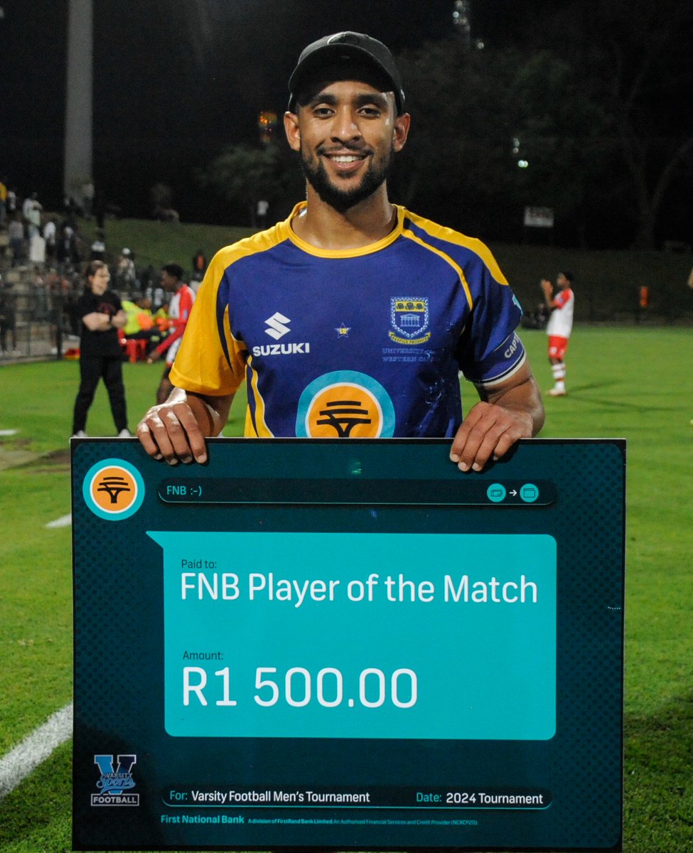 Leadership! 

UWC skipper Damian Overmeyer collects the Player of the Match award and cheque powered by FNB eWallet for his sterling contribution  in his teams victory over Tuks to advance to the Varsity Football final! 

#iyachesa