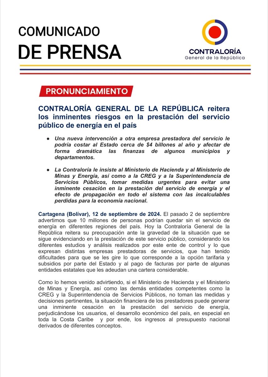 CGR_Colombia's tweet photo. El Contralor @CarlosHernanR1 reiteró su alerta sobre los inminentes riesgos en la prestación del servicio público de energía en el país, haciendo un llamado a las entidades responsables para que tomen acciones y eviten la interrupción de este servicio esencial. #NuestroControl https://t.co/cIeiJ3tb4Y